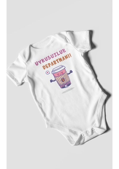 Uykusuzluk Departmanı Baskılı Bebek Zıbını Çıtçıtlı Body %100 Pamuk Kısa Kol Beyaz