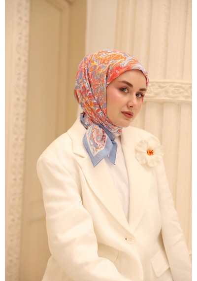 Silk Home Olinda İpek Eşarp 47002-09 Mavi Lila, Şeftali, Turuncu, Beyaz, Gri