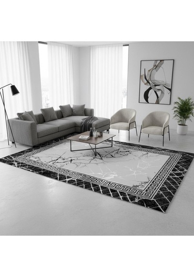 Siyah Gri Mermer Desenli Dijital Baskılı Halı Kaymaz Taban Modern Geometrik Çerçeve Salon Oda Halısı