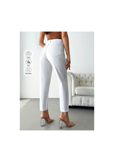 Kene Jeans Yüksek Bel Beyaz Keten Mom Pantolon Beyaz