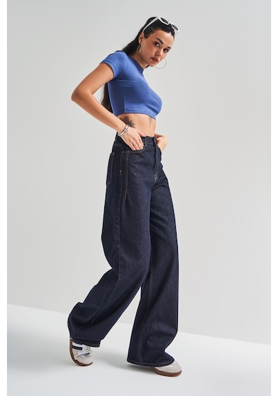Itsbasic Kadın Lacivert Su Yıkama Olea 7w4-50 Wide Leg Fit %100 Koton Denim Jean