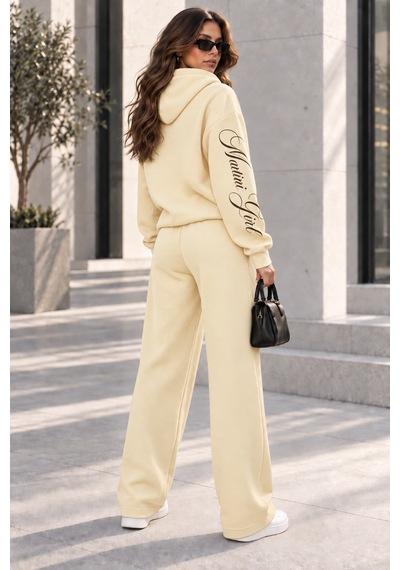 Macklin Unisex Kadın Erkek Martini Girl Kol Paça Baskılı Oversize 3 İplik Kapüşonlu Sweatshirt Ve Baggy Eşofman Altı Bej