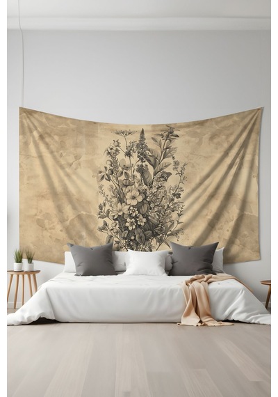 Vintage Çiçek Demeti Desenli Duvar Halısı Duvar Örtüsü Tapestry Süet Dokulu Kumaş