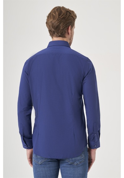 İmza Lacivert Sert Yaka Uzun Kol Cepsiz Slim Fit Pamuklu Gömlek 1004260181