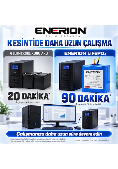 Enerion 24v 12ah Lifepo4 Ups Bataryası 25.6v, 2 Adet 12v Akü Yerine Tek Batarya