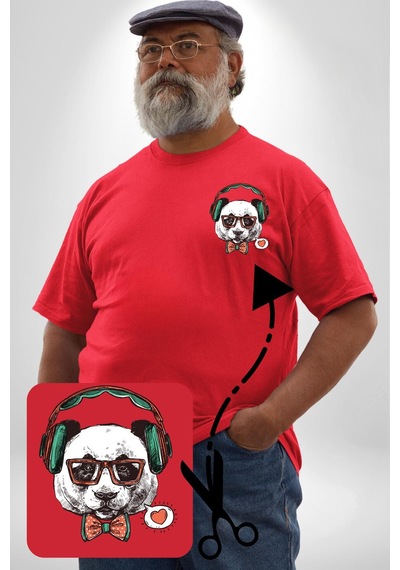 Angemiel Kulaklıklı Hipster Portre Panda Kırmızı Büyük Beden Kadın Basic Minimal Baskılı Tişört Kırmızı