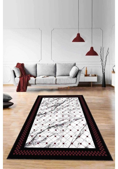 Bordo Geometrik Kaymaz Taban Makinede Yıkanabilir Halı Rv145n11