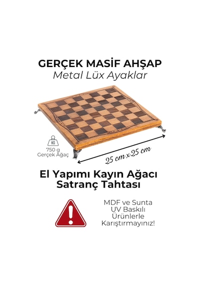 Mc34 Metal Satranç Takımı Gerçek Kayın Ağacı Satranç Tahtası - 25x25cm Antik Metal Taşlar