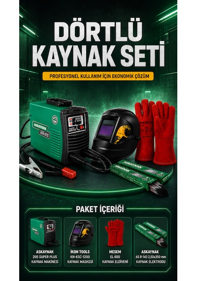 Askaynak 205 Super Plus Inverter Kaynak Makinesi + İkon Tools Kaynak Maskesi + Eldiven + As R-143 Elektrod Dörtlü Kaynak Seti