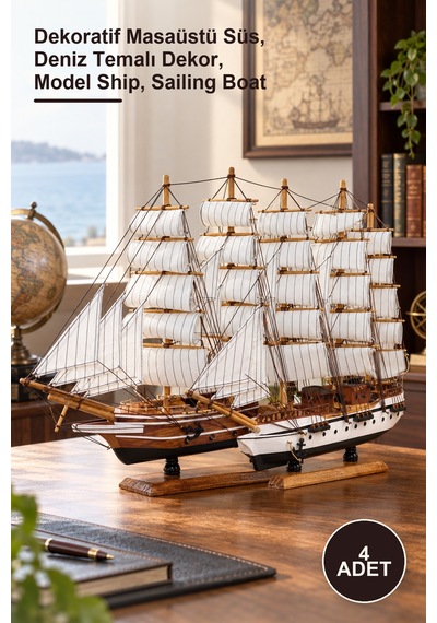 4 Adet Ahşap Yelken Gemi Modeli Dekoratif Masaüstü Süs, Deniz Temalı Dekor, Model Ship, Sailing Boat