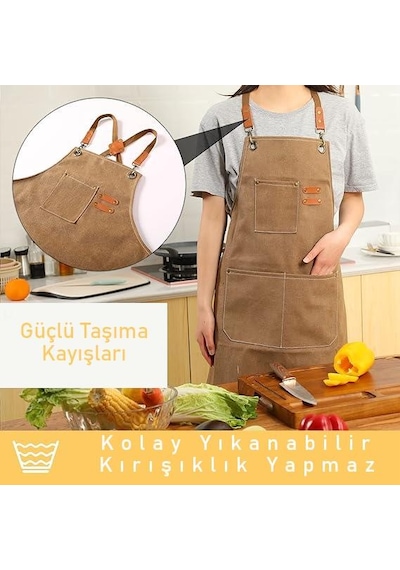 Valkyrie Unisex Kanvas Mutfak Önlüğü Ayarlanabilir Askılı Cepli Barista Garson Servis Önlüğü Kahve Kahverengi
