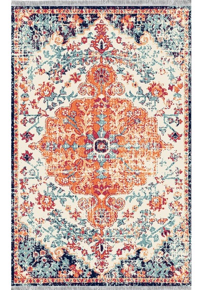 Vintage Desen Turuncu Mavi Renk Modern Halı Dekoratif Kilim Turuncu