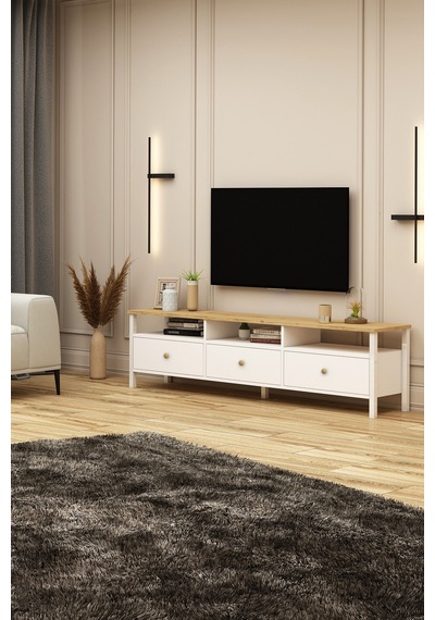 Remy Tv Ünitesi 180 Alt Modül Ahşap Kulplu Sepet - Beyaz Sepet - Beyaz