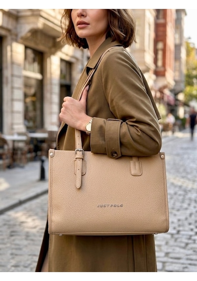 Just Polo Kadın Yeni Sezon Yumuşak Deri Büyük Boy Fermuarlı Lüks Tasarım El Çantası Shopper Vizon 18639853