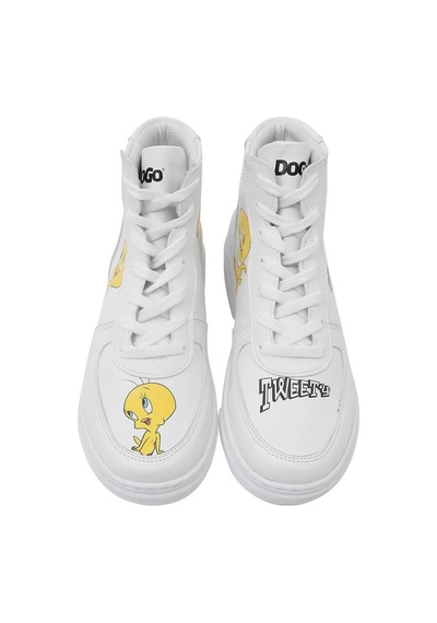 Kadın Vegan Deri Beyaz High Sneakers - Warner Bros Tweety Classic Tasarım Çok Renkli