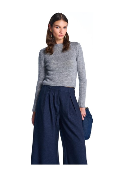 Gri Triko Crop Kazak Gri Melanj