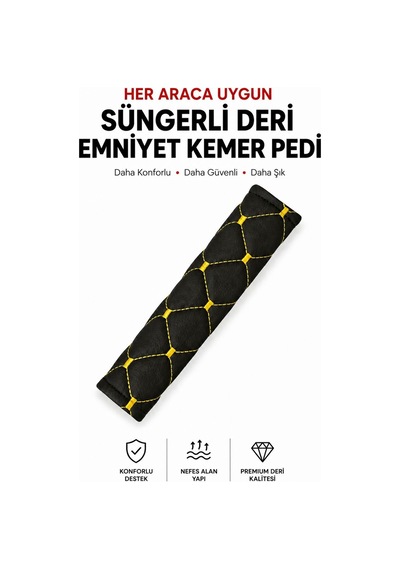 Her Araca Uygun Suni Deri - Süngerli Emniyet Kemer Pedi Siyah-sarı