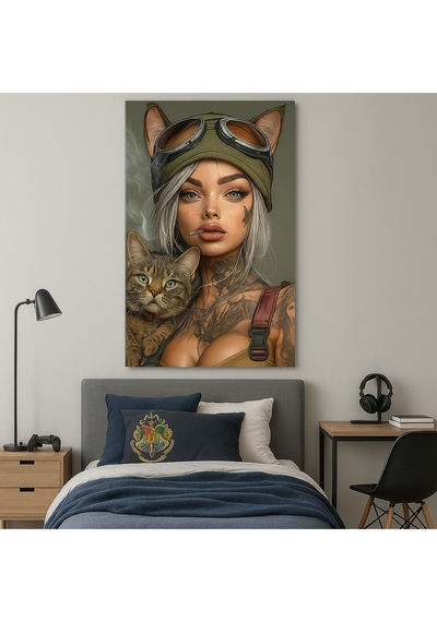 Savaşçı Kadın Ve Kedi Cam Tablo Güç, Özgürlük Ve Modern Sanat Teması