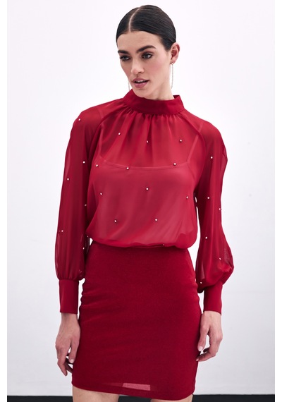 Sateen Taş Detaylı Transparan Bluz - Kırmızı-135758 Kırmızı