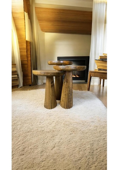 Simillo Wood Wooden Ahşap 3 Lü Set Fitilli Mantar Yan Sehpa Modern Koyu Ceviz Renkli Fiskos Koyu Ceviz