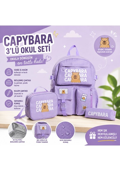 Capybara Desenli 3 Parça İlkokul Ortaokul Çanta Seti Sırt Çantası Beslenme Çantası Kalemlik Lila