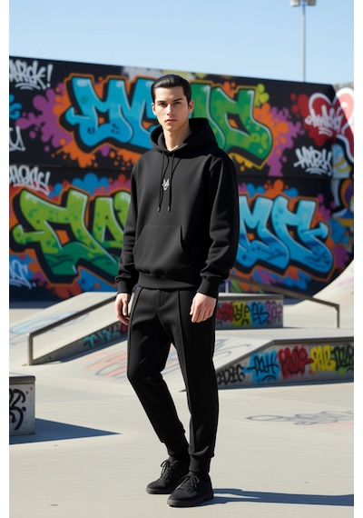 Benerly Erkek Kapüşonlu Standart Kol Kanguru Cep Sweatshirt Fonksiyonel D siyah