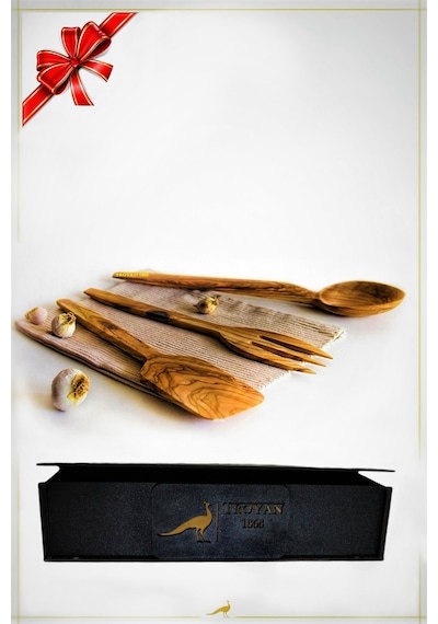 Troyan 1868 Hediyelik Ahşap Kutuda Doğal Ve Sağlıklı Zeytin Kaşık Çatal Spatula Seti