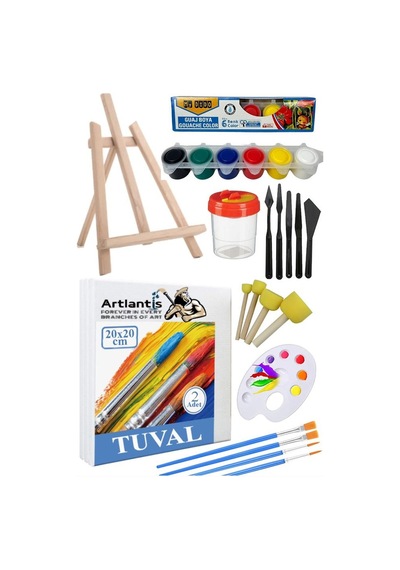 20x20 Tuval Seti 1 Paket Masa Üstü Şövale Mydido Akrilik Boya Plastik Spatula Resim Fırçası Palet Ponpon Sünger Fırça