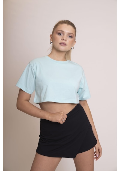 Afloow Delicate Kadın Mavi Oversize Kısa Kollu Crop Tişört %100 Pamuk Sırtı Baskılı Disco Top Tasarımı, Günlük Rahat Stil, Sokak Modası Mavi