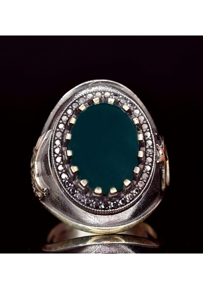 Erkekler İçin Gümüş Yüzük - Doğal Jade Taşı İle Osmanlı Tuğra Tasarımı Gümüş