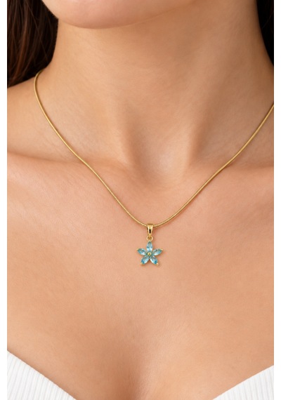 Mavi Taşlı Lotus Çiçeği Kolye Çelik Gold, Mavi