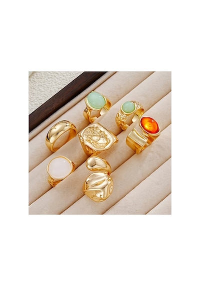 Susie Model 8'li Set Pastel Doğal Taş Görünümlü Vintage Gold Yüzük Kombini Bronz
