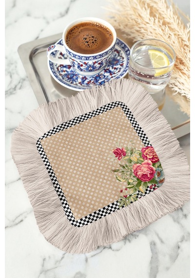 Vintage Çiçekli Saçaklı Sunum Peçetesi - Pastoral Romantik Bohem Bej Pembe Bardak Altlığı Mendil