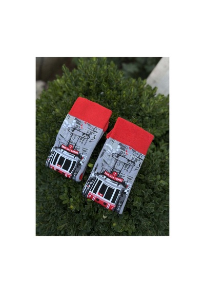 Lousocks Unisex İstanbul Tramvay Desenli Gri Kırmızı Soket Çorap