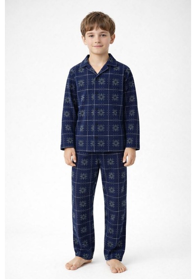 Free Beka Lacivert Ekose Desenli Uzun Kollu Gömlek Yaka Düğmeli Erkek Çocuk Pijama Takımı