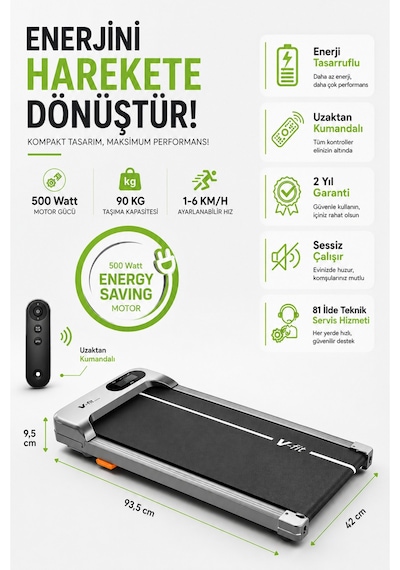 VFİT V-Fit Flat Koşu Bandı 34 x 79 CM Minimal Yürüyüş Bandı Uzaktan Kumandalı & Eğimli