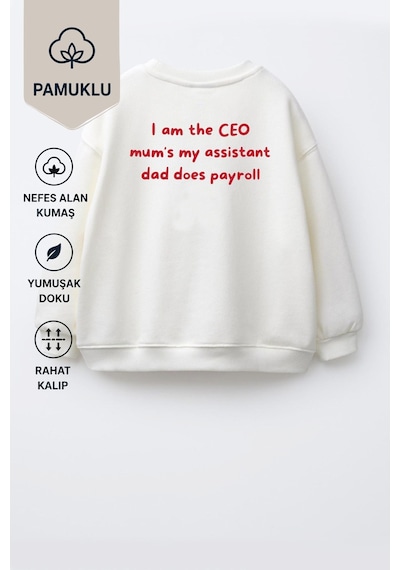 Monila Unisex Çocuk Pamuklu Bisiklet Yaka Sırtı Baskılı Sweatshirt Ekru