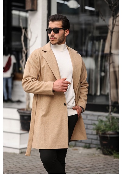 Mero Life Erkek Hardal Kemerli Oversize Rahat Kesim Kaşe Kaban HARDAL