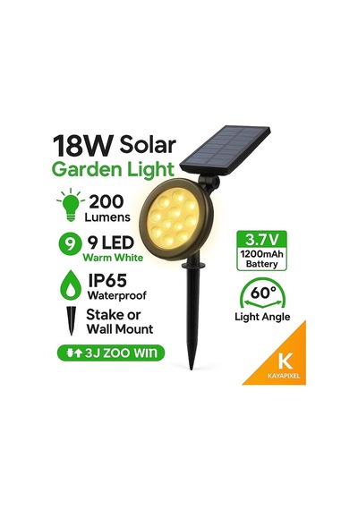 18w Güneş Enerjili Bahçe Armatürü 9 Led 3200k Günışığı, Ip65 Su Geçirmez Solar Spot Lamba, 200 Lümen, K Genel