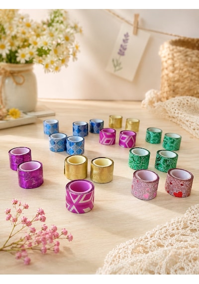 20'li Mini Simli Desenli Washi Tape Seti - 1 Cm Çapında Dekoratif Hobi Ve Günlük Süsleme Bandı