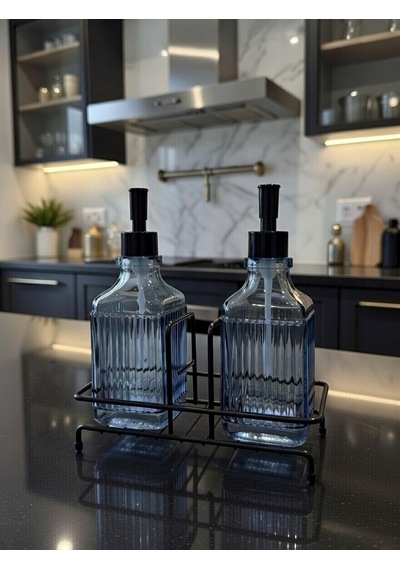Modern Çizgili - Kabartmalı Cam İkili Sıvı Sabunluk & Deterjanlık Seti - 500ml Standlı Mutfak Ve Banyo Organizeri Mavi