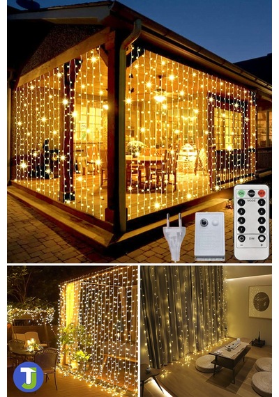 Technojet 2,5 x 2,5 M Kumandalı Perde LED 8 Modlu Kalın Kablolu 12 Saçak 180 LED Dekoratif Aydinlatma Parti organizasyon
