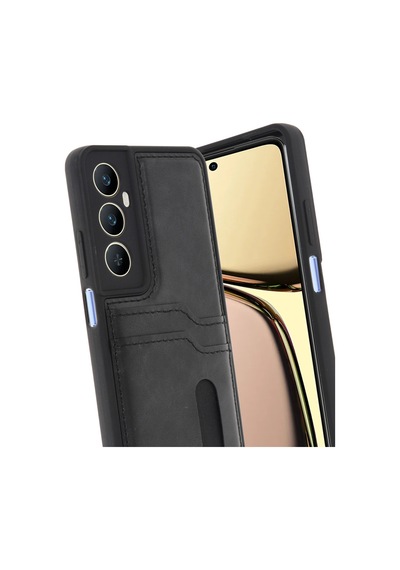 Realme C65 Uyumlu Deri Kartvizitli Kartlıklı Premium Telefon Kılıfı Kapak Siyah