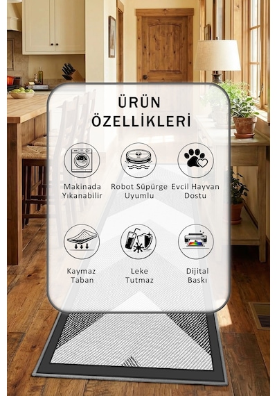 Arrow D9 Kare Gri Yıkanabilir Mutfak Halısı