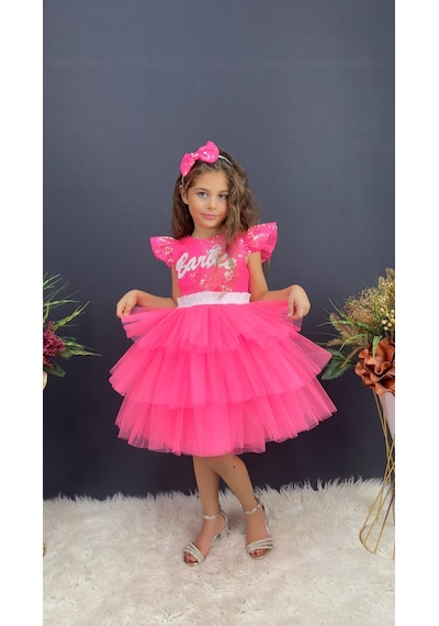 Barbie Taçlı Kız Çocuk Doğum Günü Parti Elbisesi Pembe Barbie Taçlı Kız Çocuk Doğum Günü Parti Elbisesi Pembe