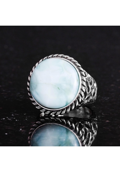Gerçek Doğal Taş Yüzük - 925 Ayar Katı Gümüş Erkek Yüzüğü Larimar İle Gümüş