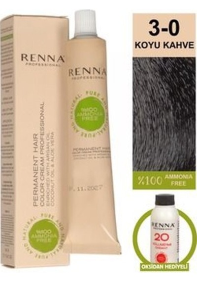 Renna Amonyaksız Bitkisel Yıpranmış Saçlar İçin Saç Boyası 3-0 Koyu Kahve 60ml