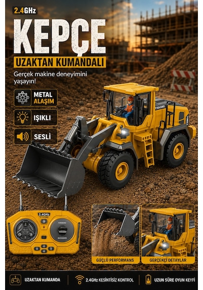 Işıklı Sesli Full Fonksiyon Metal Hareketli Kepçe 2.4ghz Uzaktan Kumandalı Loader 9 Kanal Sarı