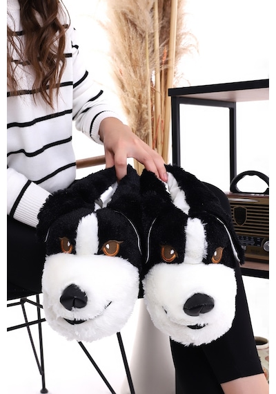 Wordex Hayvanlı H10 Köpekli Kışlık Kadın Erkek Çocuk Panduf Ev Içi Sessiz Taban Panduf Siyah
