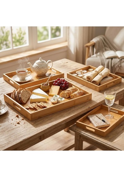 Deinhaus Bambu Servis Tepsisi Seti, Doğal Ahşap, 3'lü Set, Küçük-orta-büyük, Kahvaltı Ve Sunum İçin
